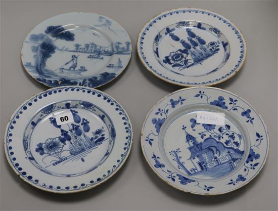 4 blue and white Dutch Delft plates Dia. 22cm